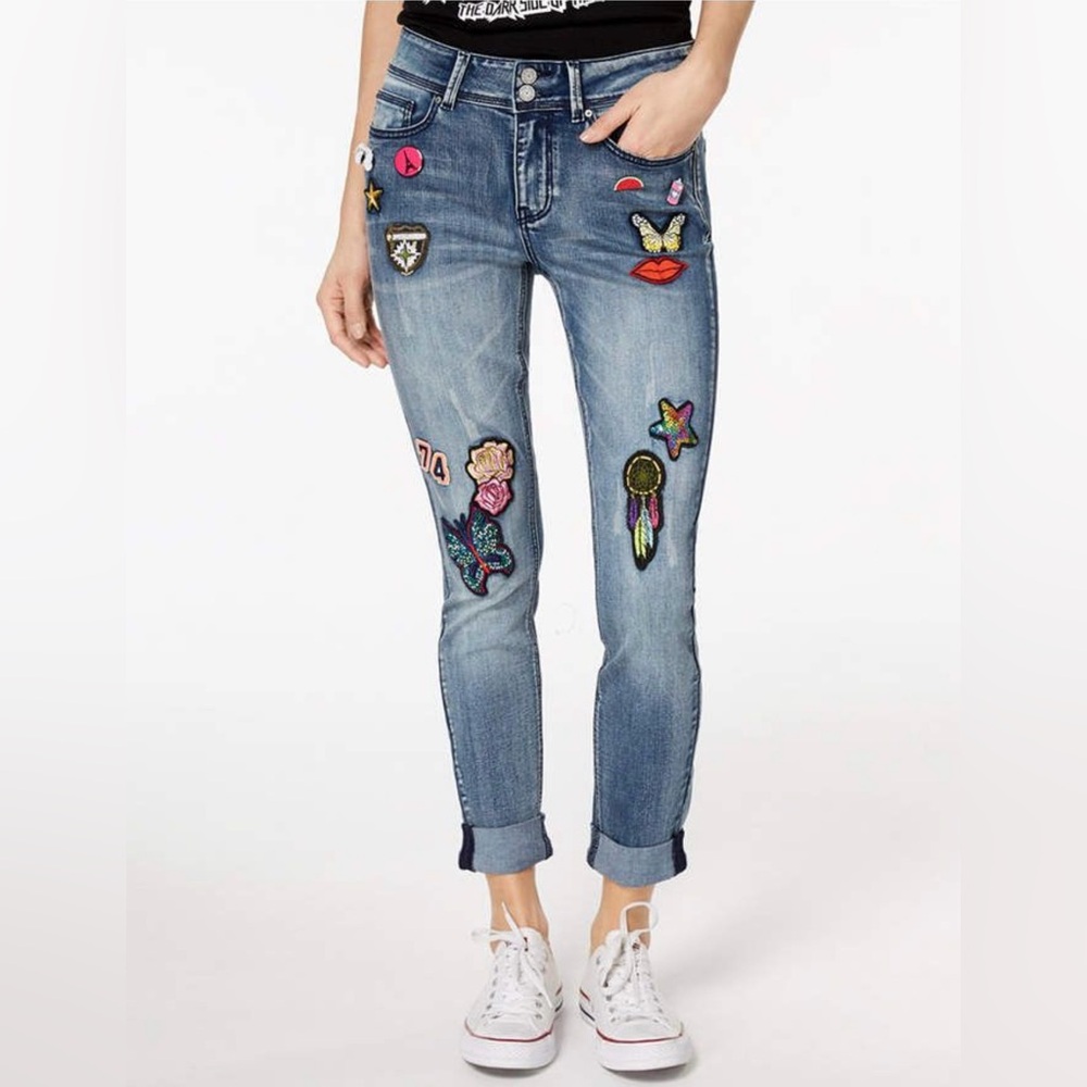 Indigo Rein. Embroidered Cuffed Skinny Jeans